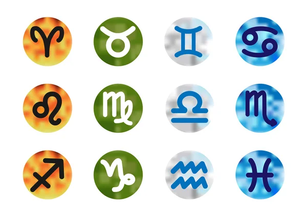 Conjunto de símbolos astrológicos del zodíaco sobre fondo redondo borroso — Vector de stock