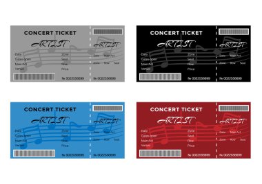 Müzik notaları ile renkli konser biletleri kümesi.