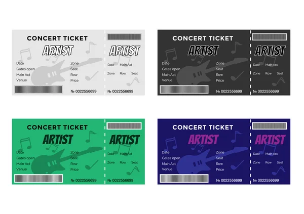 Набор красочных билетов на концерт с гитарой и музыкальными нотами . — стоковый вектор