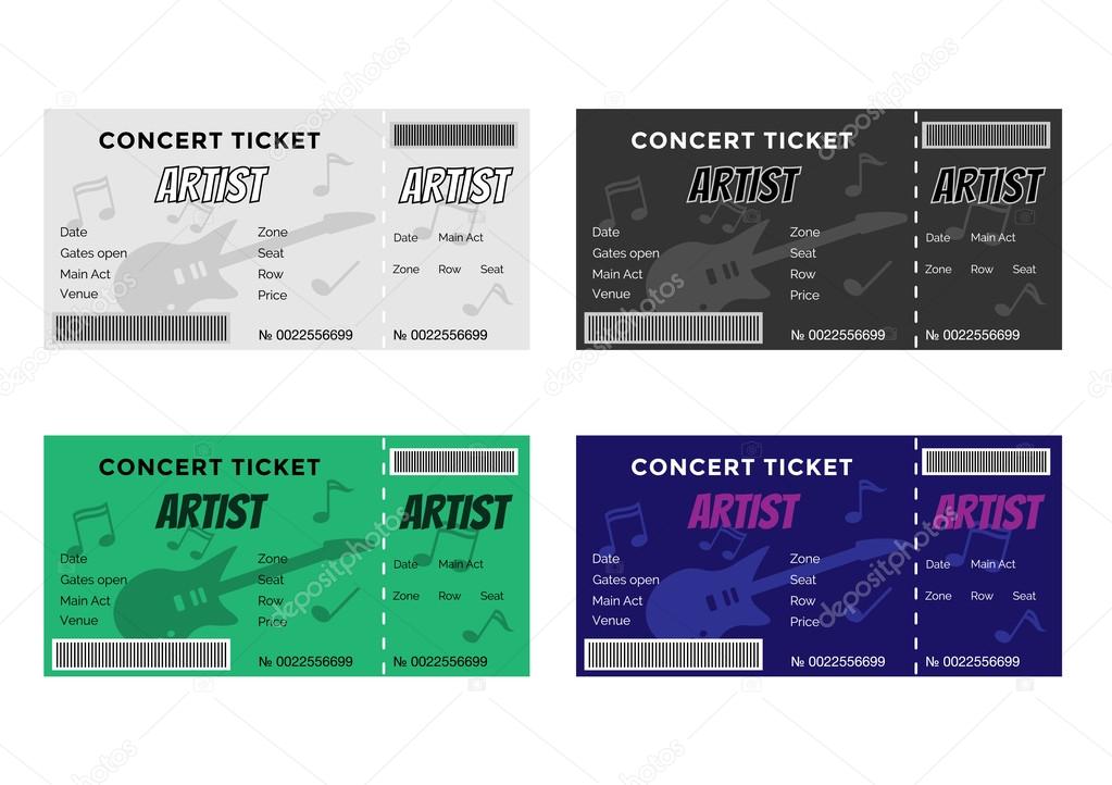 Set of Colorful Concert Tickets with Guitar and Musical Notes.