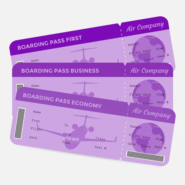 Set van luchtvaartmaatschappij boarding pass. Paarse tickets geïsoleerd op witte achtergrond — Stockvector