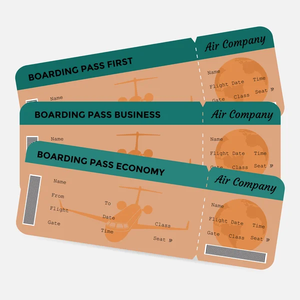 Set van luchtvaartmaatschappij boarding pass. Oranje en groen tickets geïsoleerd op witte achtergrond — Stockvector