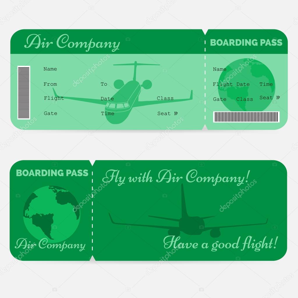 Variant of airline boarding pass. Green ticket isolated on white background