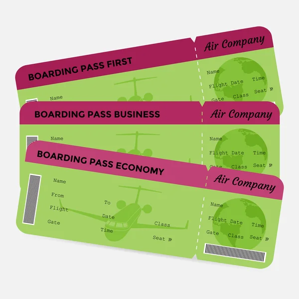 Set of airline boarding pass. Green and pink tickets isolated on white background — Stock Vector