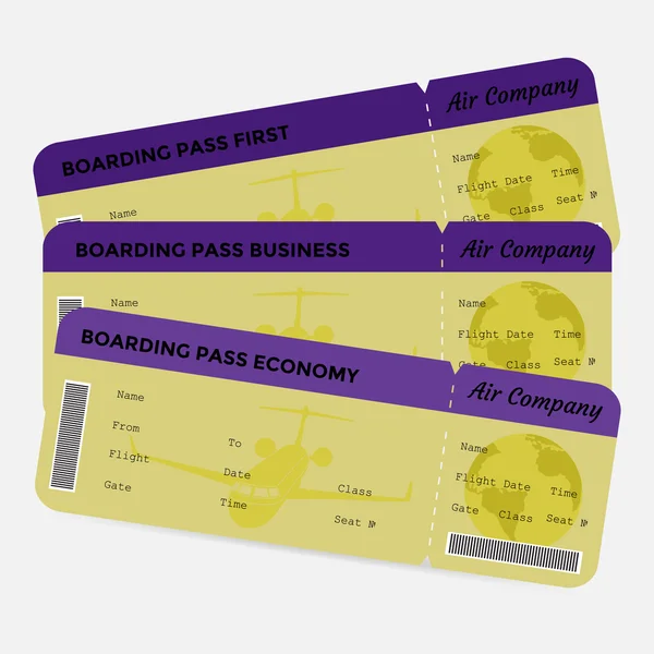 Set van luchtvaartmaatschappij boarding pass. Gele en paarse tickets geïsoleerd op witte achtergrond — Stockvector
