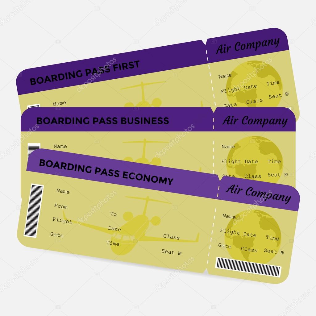 Set of airline boarding pass. Yellow and purple tickets isolated on white background