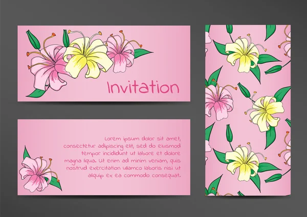 Modèle d'invitation avec des fleurs de lys sur fond rose — Image vectorielle