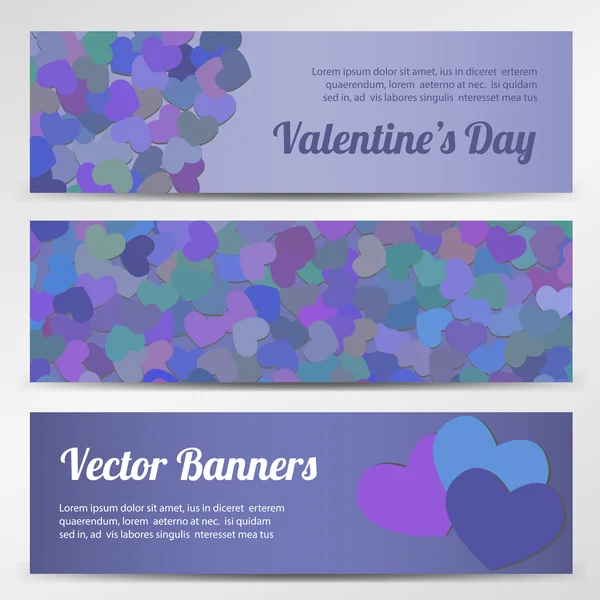 Banderas vectoriales horizontales del Día de San Valentín sobre fondos púrpura — Archivo Imágenes Vectoriales