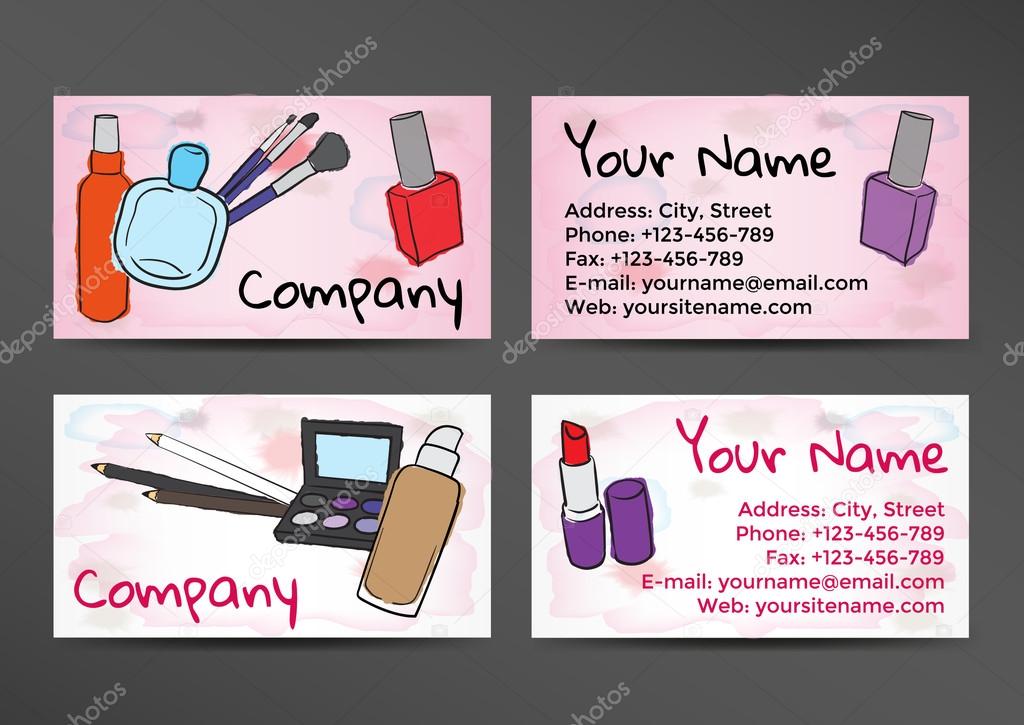 Business cards in watercolor style with the image of cosmetics
