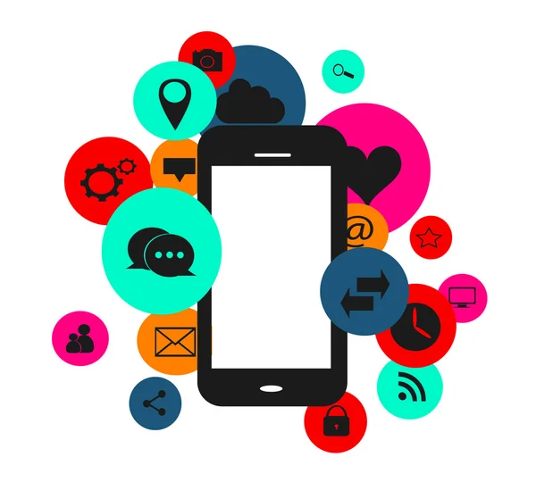 Plat social media iconen in tekstballonnen met mobiele telefoon vector EPS-10 neonkleuren — Stockvector