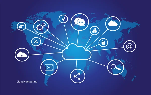 Concetto di cloud computing con interfaccia mappa del mondo — Vettoriale Stock