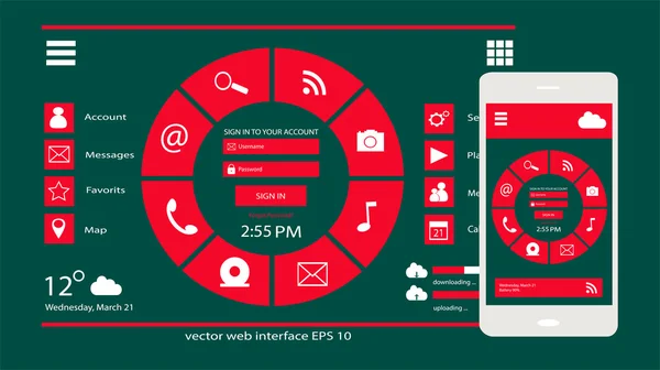 携帯電話のユーザー インターフェイスと web デザインのベクトルの緑と赤の色 — ストックベクタ