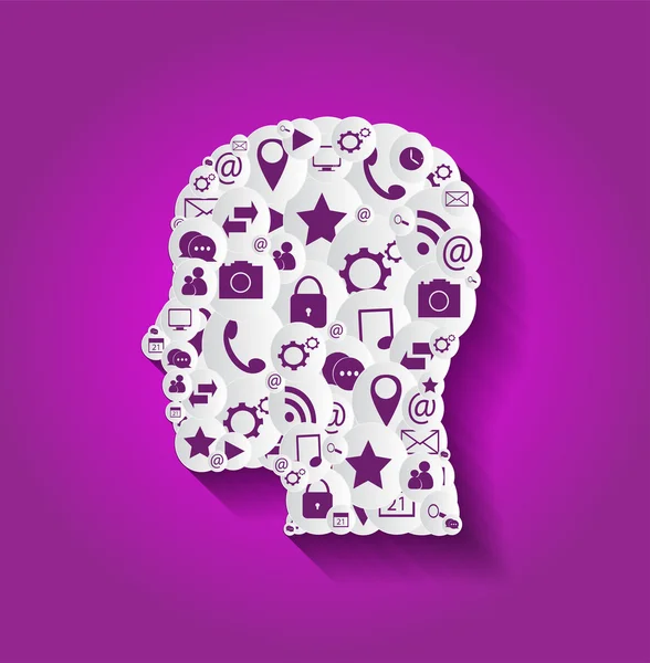 Cabeza humana con iconos de redes sociales diseño plano — Vector de stock