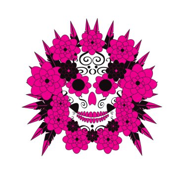 Beyaz arka planda pembe çiçekli ve tüylü bir kafatası 