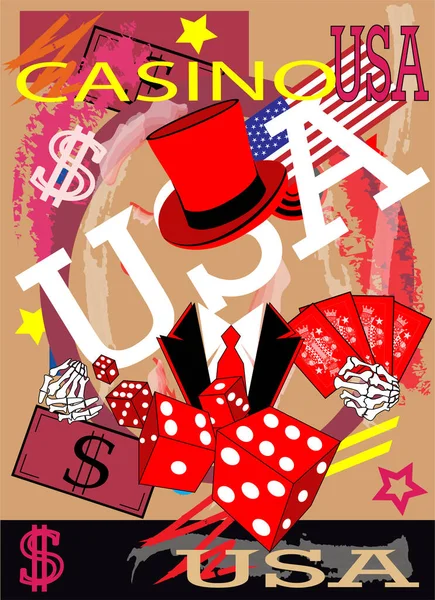 Fondo Del Casino Con Cráneo Dados Cartas Color Rojo Rosa — Archivo Imágenes Vectoriales