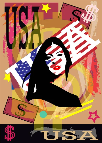 Americká Vlajka Pozadí Dívkou Silueta Usa Text Vektor — Stockový vektor