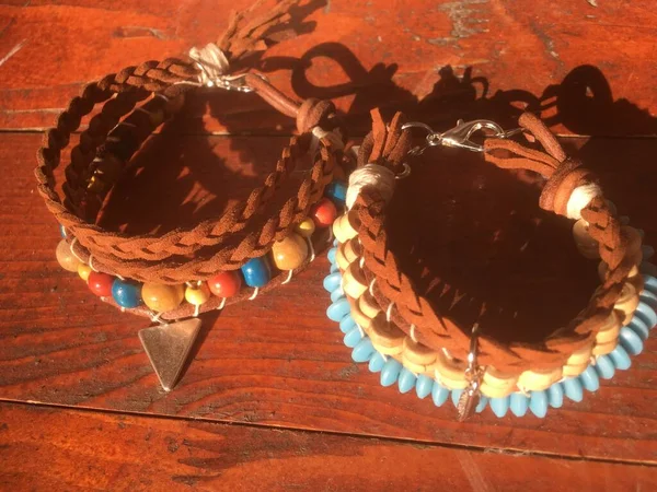 Wrapped Native American Bracelet Urban Tribe Jewelry Wood Background — Stock Photo, Image