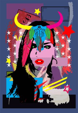 Boğa kafalı, tüylü, vektör geçmişi olan seksi Amerikan yerlisi kız.