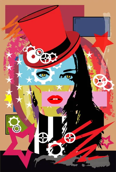 Steam Punk Girl Cylinder Hat Red Lips Pop Art Background — Stock Vector