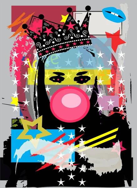 女王様王冠とチューインガムの女の子ポップアートの背景ベクトル Eps 10ファイル Jpgファイル — ストックベクタ