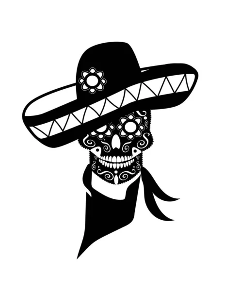 Meksika Kafatası Ile Sombrero Süs Detayları Siyah Renk Beyaz Arka — Stok Vektör
