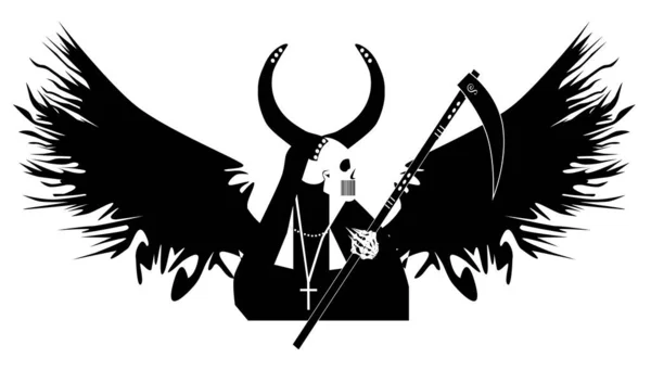 Duivelse Schedel Met Vleugels Hoorns Zwart Wit Vector Illustratie — Stockvector