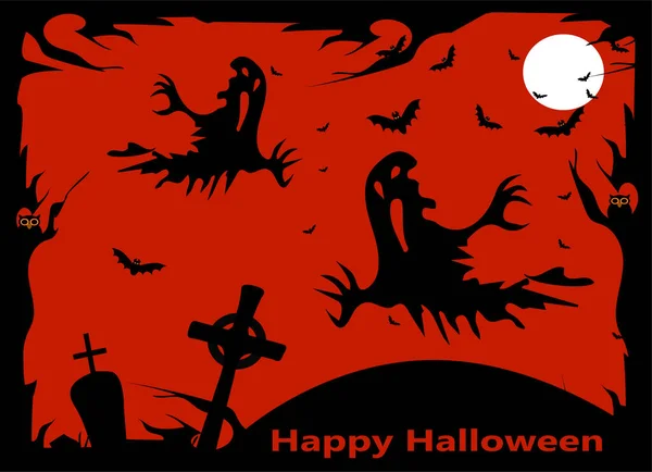 Joyeux Fond Halloween Avec Fantômes Lune Chauves Souris — Image vectorielle