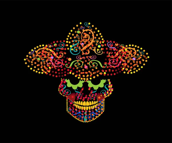 Crânio Mexicano Com Sombrero Dia Dos Pontos Coloridos Mortos Vetor — Vetor de Stock
