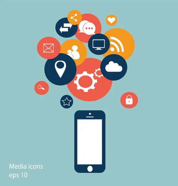 Platte mobiele telefoon vector met social media iconen blauw — Stockvector