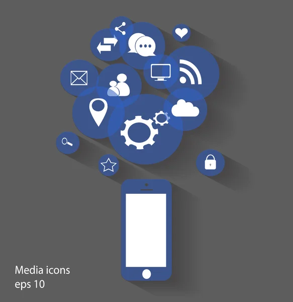 Плоский вектор мобильного телефона с голубыми иконками в социальных сетях — стоковый вектор