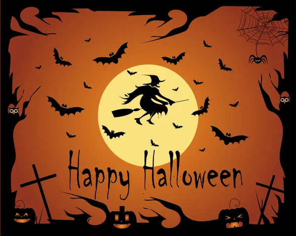 Halloween background vector witch with bats — Stock Vector