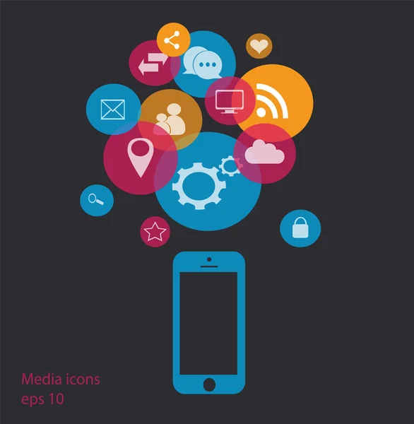 Platte mobiele telefoon vector blauw met social media iconen — Stockvector