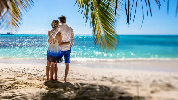Paar In Palm Grove op tropisch strand — Stockfoto