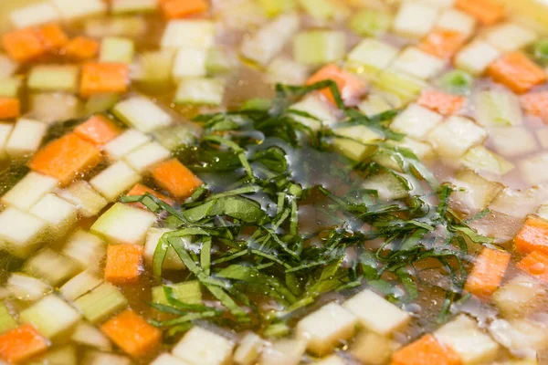 Sopa de verduras con zanahorias y calabacín adornado con eneldo — Foto de Stock