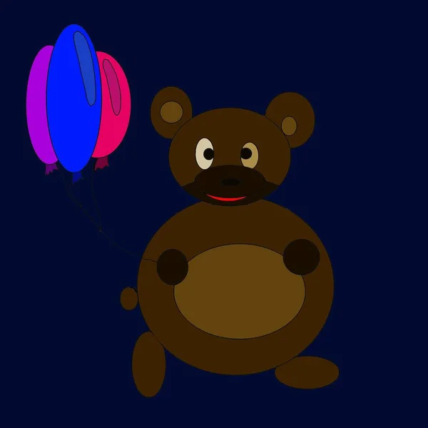 Bear Med Tre Ballonger Mörkblå Bakgrund — Stockfoto