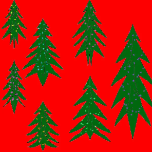 红色背景上的绿色圣诞树 — 图库照片
