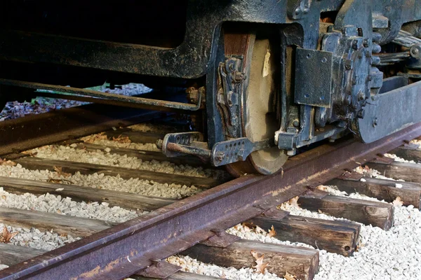 The old train wheels and a rusty rail road — Stock Photo, Image