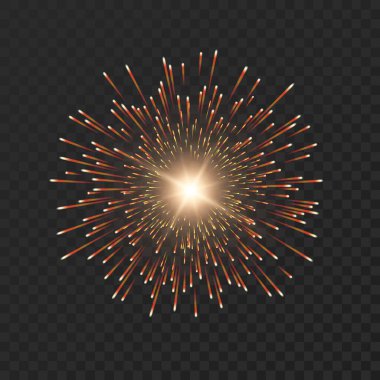 Havai fişekleri kutlayalım. Gökyüzünde parlak bir ışık. Çok renkli festival ışıkları. İzole edilmiş koyu arkaplanda tasarım elemanı. Vektör illüstrasyonu.