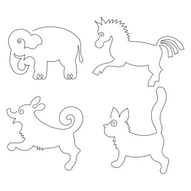 Hayvanlar için simge seti. Fil, at, köpek, kedi. Minimalizm. Komik resimler. Düzenlenebilir sürekli yol..