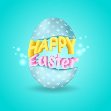 Mutlu Paskalyalar. Parlak yeşil arka plan 3D 'deki bir yumurtanın içindeki stilize hacimli metin. Tebrik kartı elemanı. Vektör illüstrasyonu.