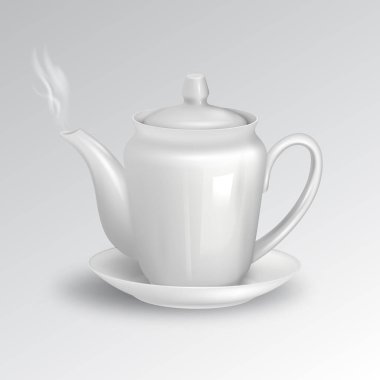 Çaydanlık, çay fincanında. Dumanı tüten sıcak bir içecek. Model. Seramik Yapımlar. 3D.Vector fotorealistik tasarım için şablon..   