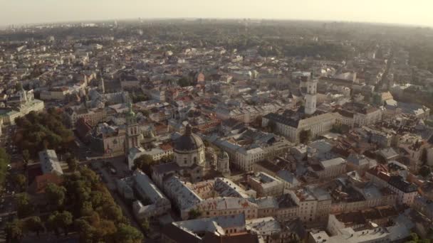 Панорама Города Сверху Львов Старый Европейский Город Ратуша Храмы Здания — стоковое видео