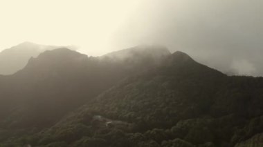 Bulutlarla kaplı destansı yeşil dağlar. Tenerife, İspanya