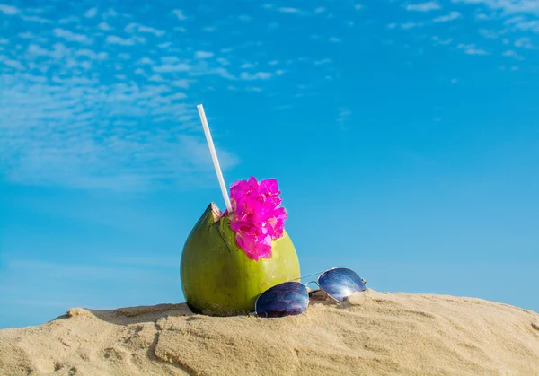Coco e óculos de sol na praia — Fotografia de Stock