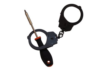 Suç aleti mi? Beyaz arka planda kelepçeli bir tornavida..