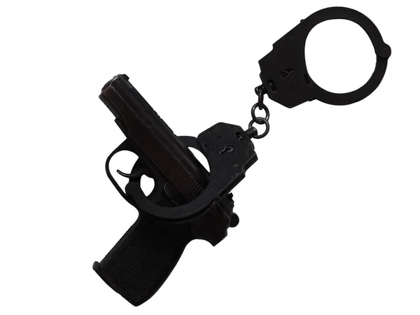 犯罪工具 白色背景上的带手铐的枪 — 图库照片