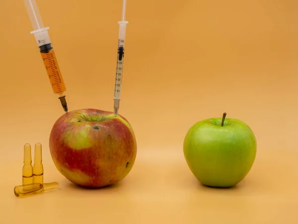 A genetically modified product. GMO red sick apple with a syringe and healthy green apple. Isolated against the gold fortune background.