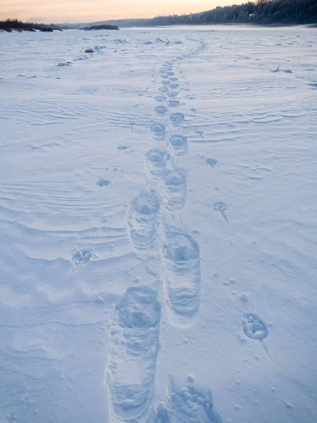 footprints of a man on skis with sticks, footprints of snowshoes in the snow. The trail goes into the distance. A road on a frozen river.