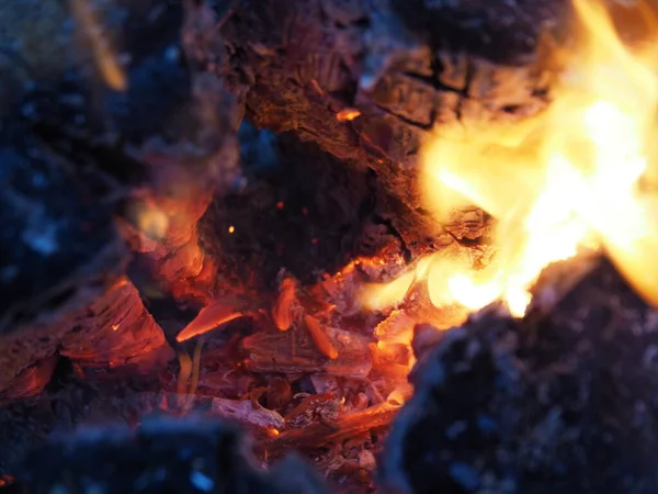 Éléments Feu Joie Dans Nuit Charbon Bois Chauffage Étincelles Flammes — Photo