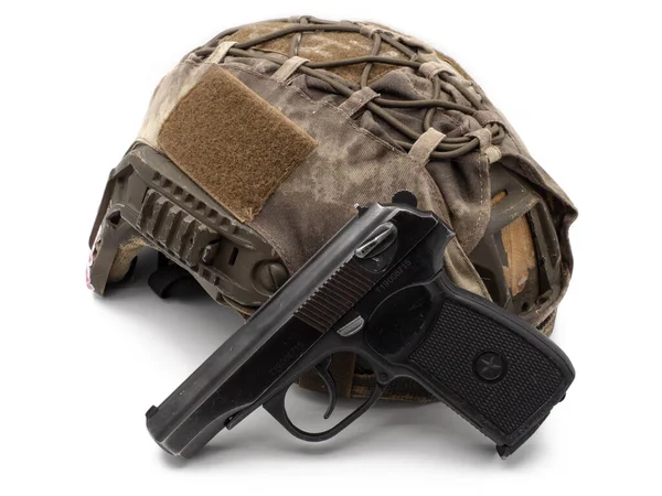 Modern Army Tactical Helmet Camouflage Russian Police Black 9Mm Pistol — Stock Photo, Image